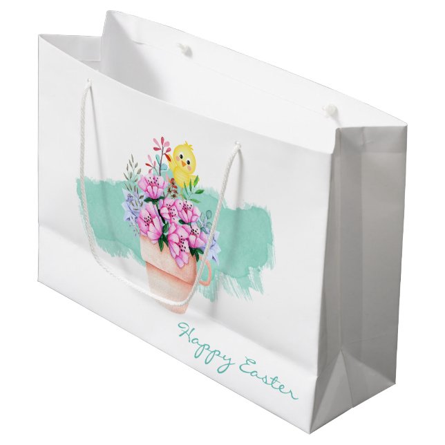 Frühlingsblumen mit Osterküken Große Geschenktüte (Vorderseite Schrägansicht)