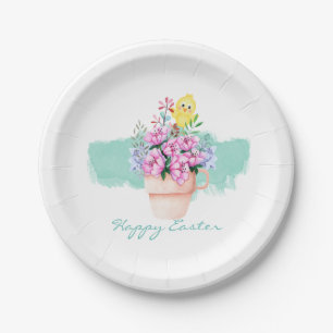 Frühlingsblumen mit Osterküken Pappteller