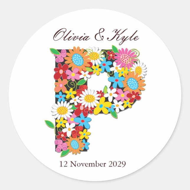 Frühlingsblumen Monogram-Hochzeitsticker Runder Aufkleber (Vorderseite)