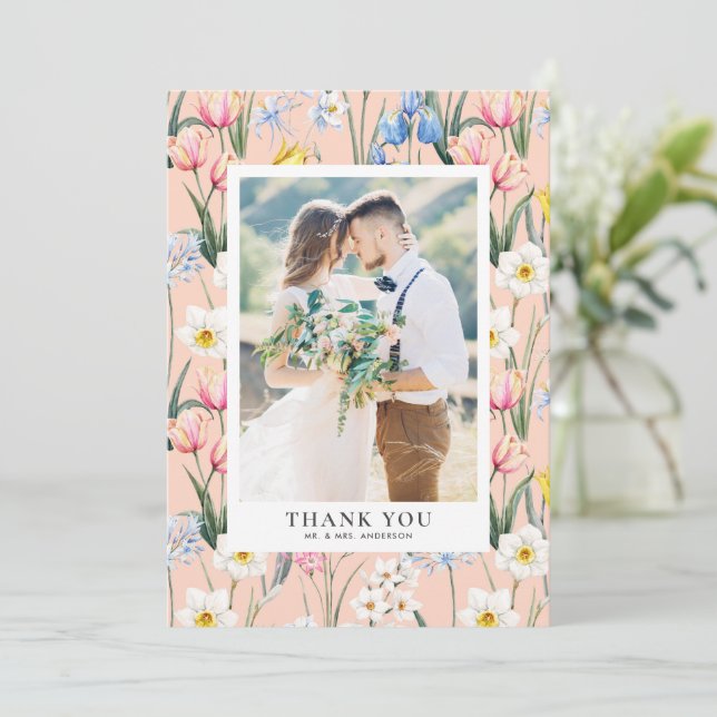 Frühlingsblumen Muster Botanisches Foto Hochzeit Dankeskarte (Stehend Vorderseite)