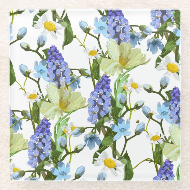 Frühlingsblumen. Narzisse, Muscari, Dissy. Seamles Glasuntersetzer (Vorderseite)