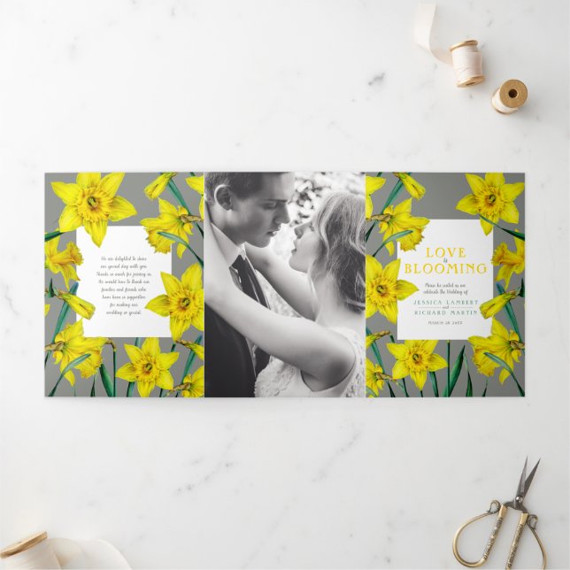 Frühlingsblumen Narzissen Hochzeitgelb grau Dreifach-gefaltete Programmkarte (Außenbereich)