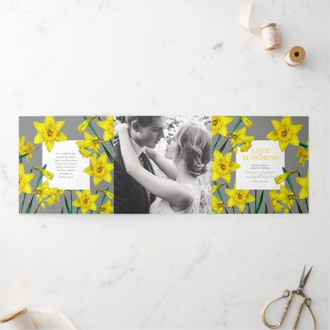 Frühlingsblumen Narzissen Hochzeitgelb grau Dreifach-gefaltete Programmkarte (Außenbereich)