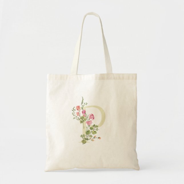Frühlingsblumen-P-Monogramm-Hochzeit Brautparty Tragetasche (Vorne)