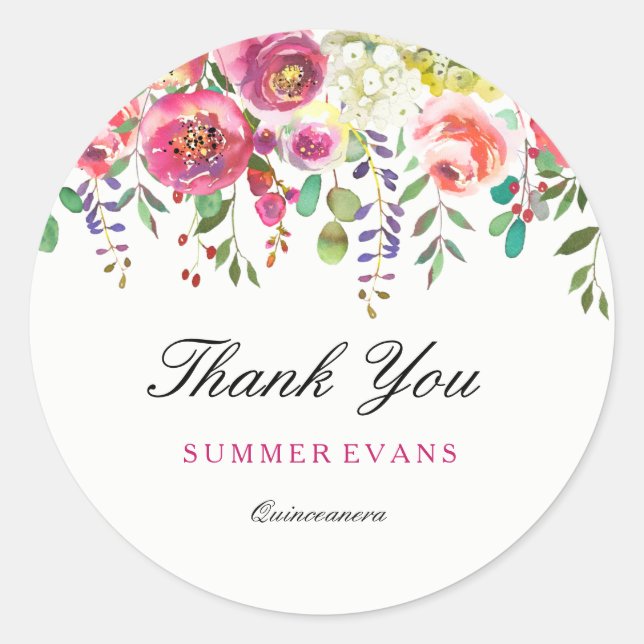 Frühlingsblumen Pink Peach Quinceanera Vielen Dank Runder Aufkleber (Vorderseite)