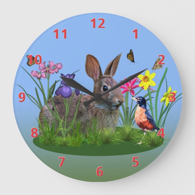 Frühlingsblumen, Robin und Hasen-Kaninchen Große Wanduhr (Vorderseite)