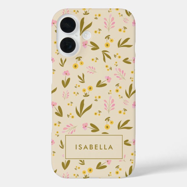 Frühlingsblumen Rosa Grüner Individuelle Name iPhone 16 Hülle (Rückseite)