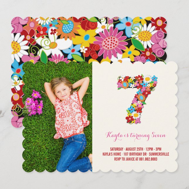 Frühlingsblumen Sieben Niedliche Girl 7. Geburtsta Einladung (Vorne/Hinten)