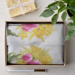 Frühlingsblumen / Strauß aus Narzissen, rosa Tulpe Seidenpapier