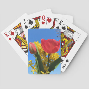 Frühlingsblumen, Tulpen, farbig + Blume, blau Spielkarten