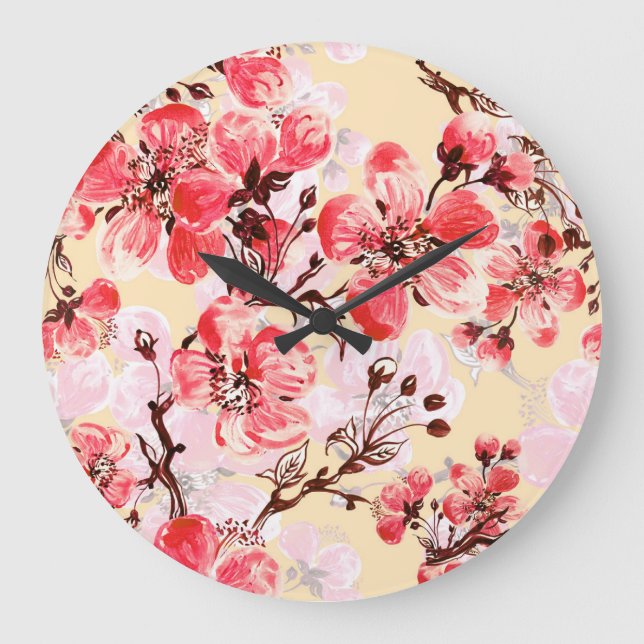 Frühlingsblumen U Muster Große Wanduhr (Vorderseite)