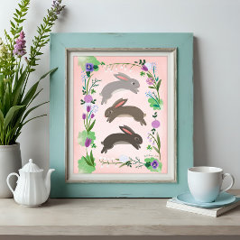 Frühlingsblumen und Kaninchen, die springen | Poster