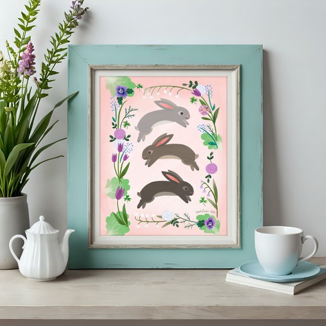 Frühlingsblumen und Kaninchen, die springen | Poster (Von Creator hochgeladen)