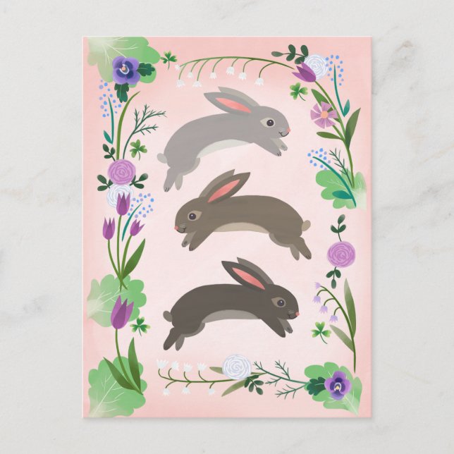 Frühlingsblumen und Kaninchen, die springen | Postkarte (Vorderseite)