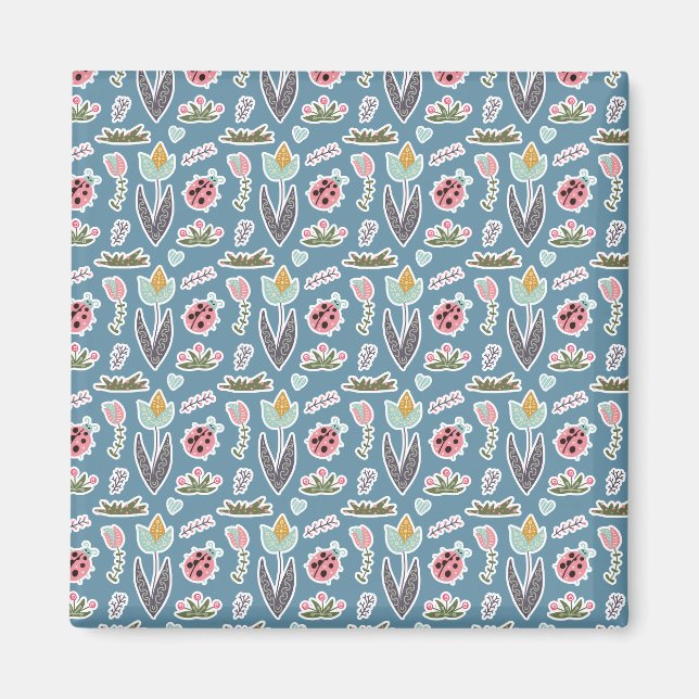 Frühlingsblumen und Ladybug Muster Magnet (Vorne)