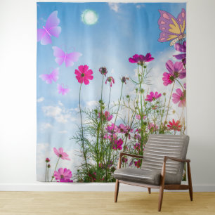 Frühlingsblumen und Schmetterling Wandteppich