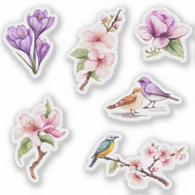 Frühlingsblumen und Vögel Aufkleber (Vorderseite)