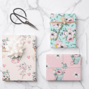Frühlingsblumen-Verpackungspapierbögen in Pastell Geschenkpapier Set