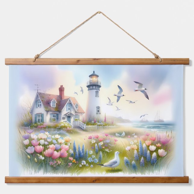 Frühlingsblumen von Lighthouse Coastal Hütte Wandteppich Mit Holzrahmen (Vorne)