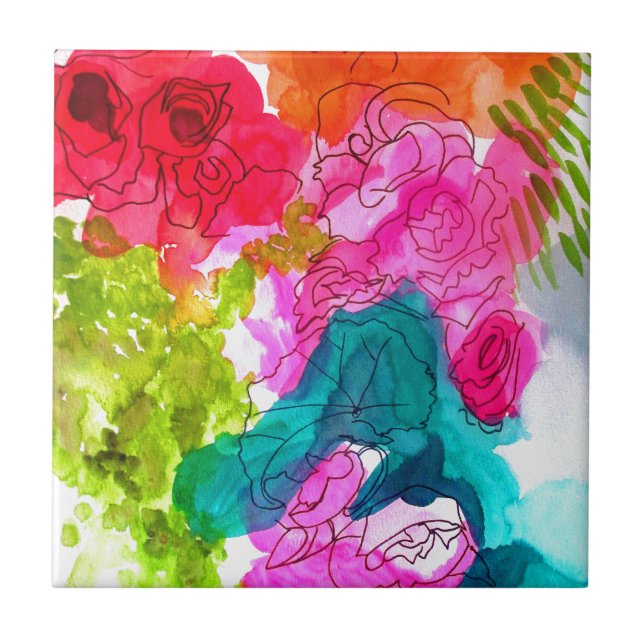 Frühlingsblumen Wasserfarbe abstrakte Kunst Fliese (Vorderseite)
