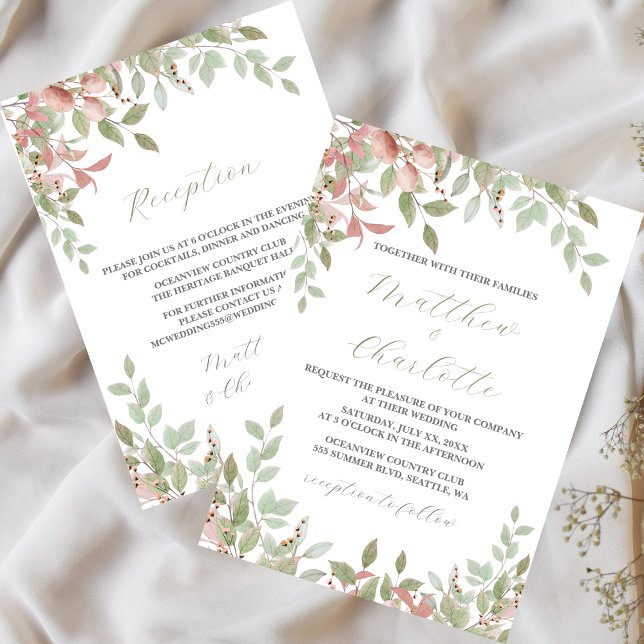 Frühlingsblumen Wasserfarbe Rosa Hochzeit Einladung (Watercolor Leaves, Green & Pink, Wedding Invitation 2)
