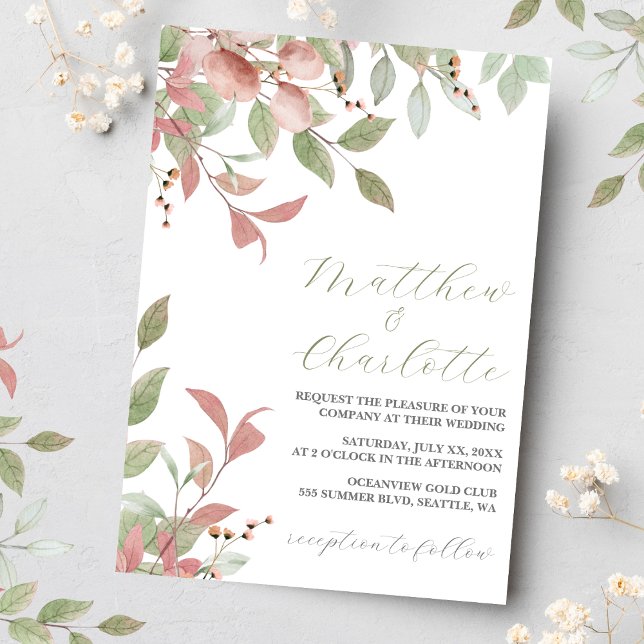 Frühlingsblumen Wasserfarbe Rosa Hochzeit Einladung (Watercolor Leaves, Green & Pink Wedding Invitation 3)