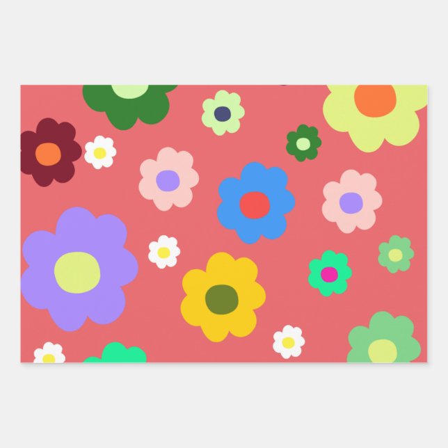 Frühlingsblumen Y2K Retro Muster Geschenkpapier Set (Vorderseite)