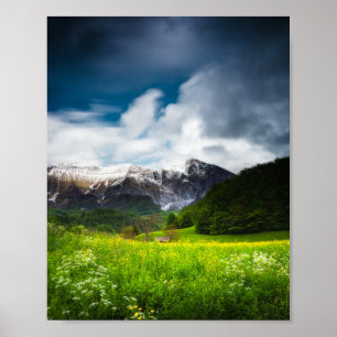 Frühlingsblumenfeld unter dem Berg Krn Poster