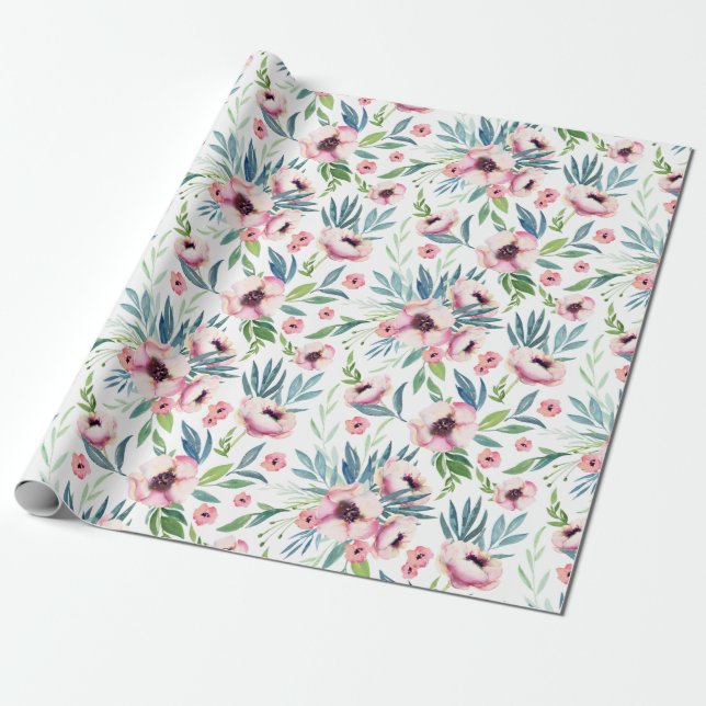 Frühlingsblumenmuster in Rosa Geschenkpapier (Ungerollt)