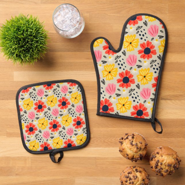 Frühlingsblumenmuster  ofenhandschuh & Topflappen-Set (Oben Unten)