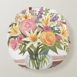 Frühlingsblumenstrauß | Hübsche Florale Wasserfarb Rundes Kissen