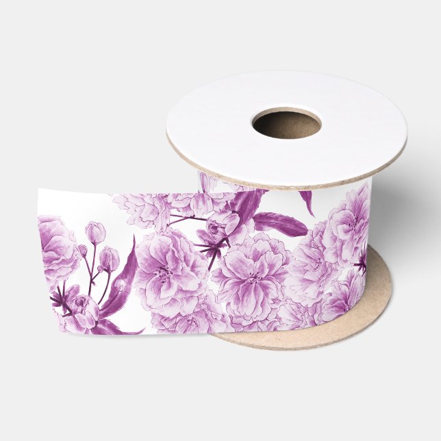 Frühlingsblüte Aquarellfarben lila weißes Band Satinband (Spule)