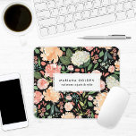 Frühlingsblüte Pfirsichfarben Blütenschwarz Mousepad<br><div class="desc">Frische Aquarellblüten mit Rose,  Peonies und Hydrangeas in Pfirsich,  Rosa und Salbei grün mit essbarem Hintergrund. Optionaler Name in der Mitte.</div>