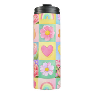 Frühlingsblüten-Herz-Schachbrettmuster Thermosbecher