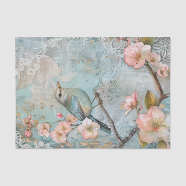 Frühlingsblüten mit blauem Vogel Seidenpapier (Vorderseite)