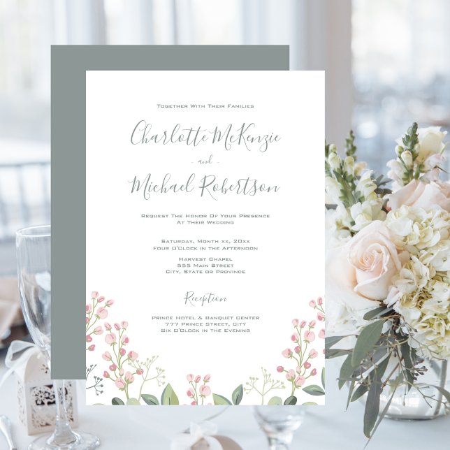Frühlingsblüten Rosa Blütenminze Grüne Hochzeit Einladung (Spring Blossoms, Pink Blush, Mint Green, Wedding Invitation)