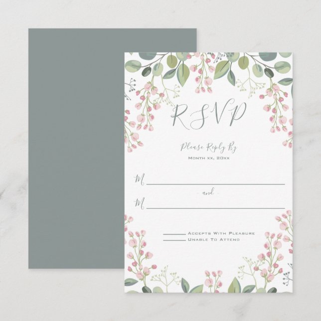 Frühlingsblüten Rosa Blütenminze Grüne Hochzeit RSVP Karte (Vorne/Hinten)