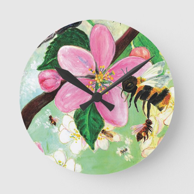 Frühlingsblütenbaum mit Bienen Runde Wanduhr (Vorderseite)