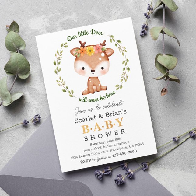 Frühlingsblütenbraun Woodland Wild Deer Baby Dusch Einladung (Von Creator hochgeladen)