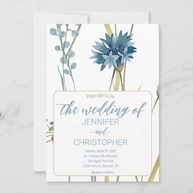 Frühlingsblütenlicht Blaue goldene Hochzeit Einladung (Vorderseite)