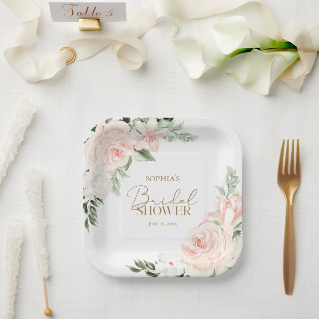 Frühlingsblütenrot Rosa Farbton Grün Brautparty Pappteller (Hochzeit)