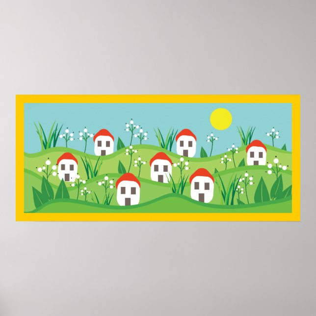 Frühlingsdorf, rote Dachhäuser angepasstes Poster (Vorne)