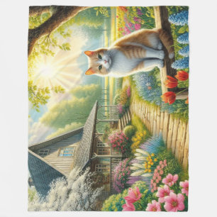 Frühlingserie Hütte/Garten & Katze Fleecedecke