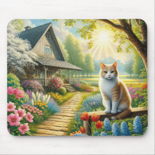 Frühlingserie Hütte/Garten & Katze Mousepad