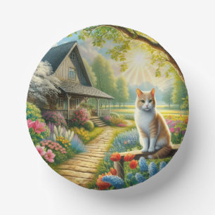 Frühlingserie Hütte/Garten & Katze Pappteller