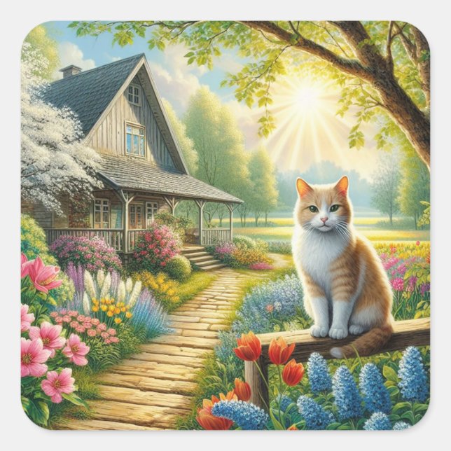 Frühlingserie Hütte/Garten & Katze Quadratischer Aufkleber (Vorderseite)