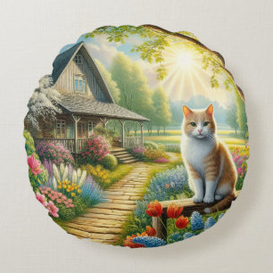 Frühlingserie Hütte/Garten & Katze Rundes Kissen