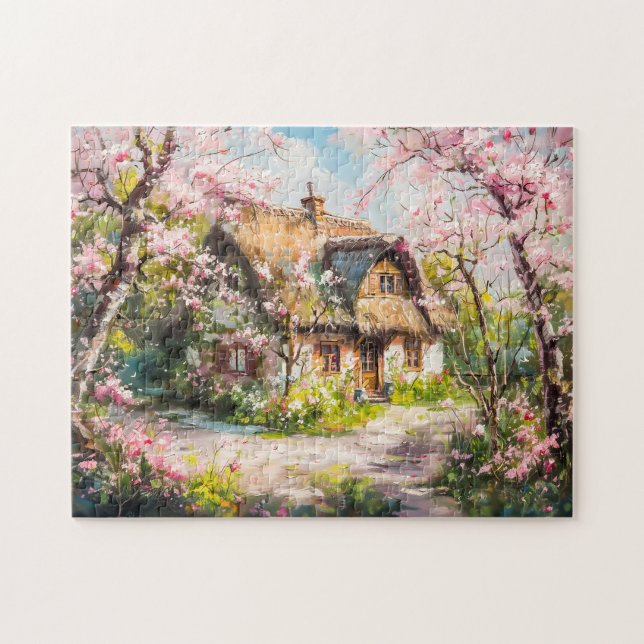 Frühlingserie Hütte mit blühenden Obstbäumen (Horizontal)