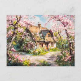 Frühlingserie Hütte mit blühenden Obstbäumen Postkarte