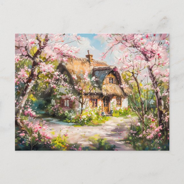 Frühlingserie Hütte mit blühenden Obstbäumen Postkarte (Vorderseite)
